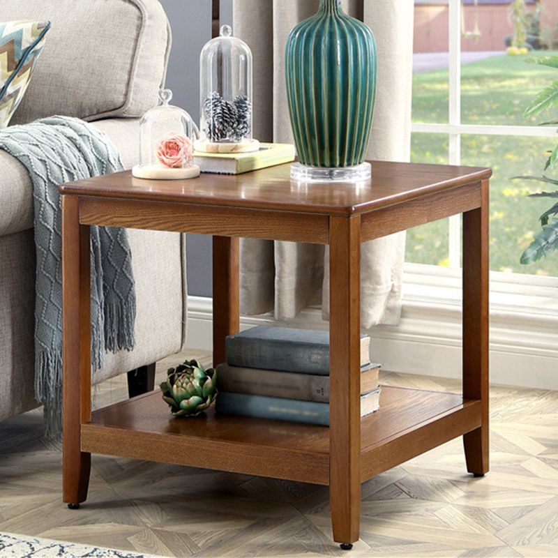 Country Double Tier Wood End Table 4 Legs Sofa Side Table with Shelf