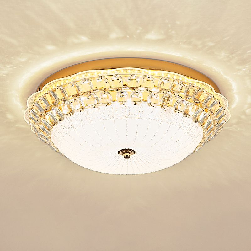 16"/19.5" W Bowl LED Flush Mount Lighting Simple White Glass Ceiling Fixture with Crystal Accent