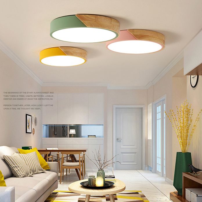 Plafonnier à 1 lumière en bois clair de forme ronde Macaron de style moderne pour le salon