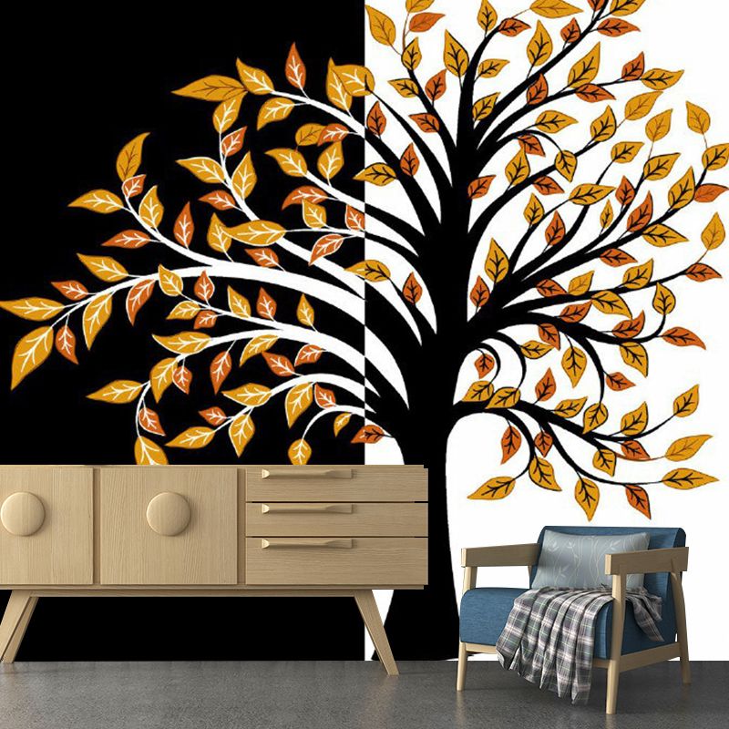 Art Deco Fall Tree Mural Decals Orange-Black Waterproof Wall Covering for Living Room