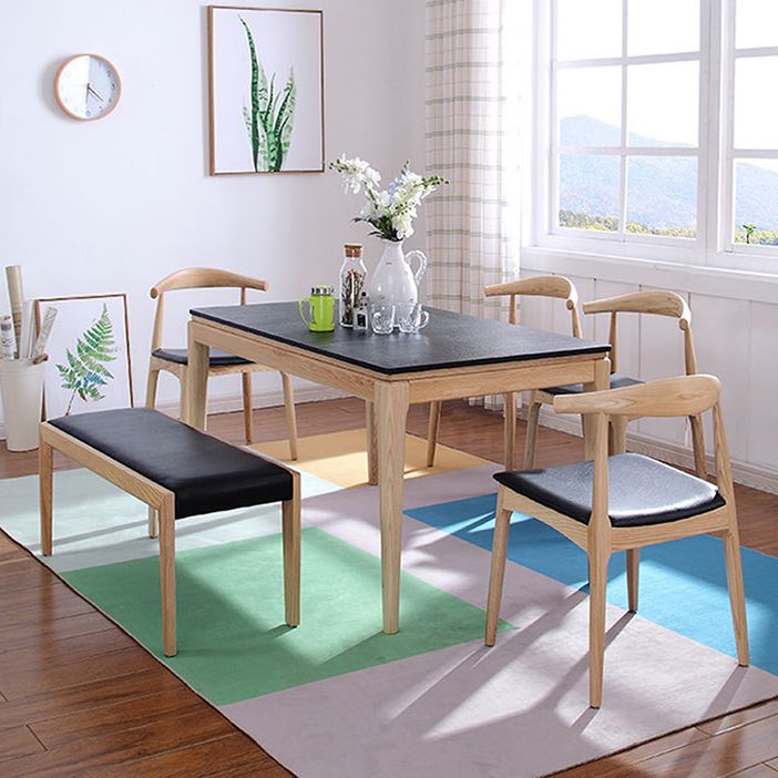 Rectangle Stone Top Table Mid-Century Modern Dining Table with 4 Wood Legs