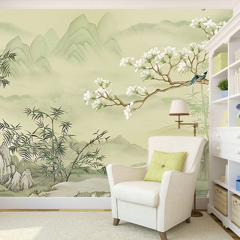 Elegant Flower and Mountain Mural for Home Decoration, Pastel Green, Personalized Size Available