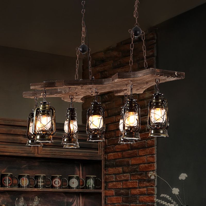 Luce lampadario lineare con tonalità lanterna Industrial Metal 8 Lights Island Lighting in ottone antico