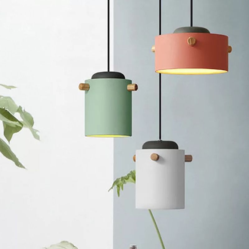 Cylindrical Metal Pendant Lamp Macaron 1 Head Solid Wood Ceiling Hanging Light