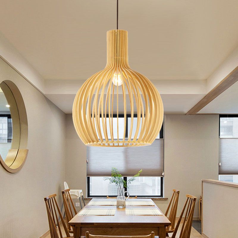 Asian Bottle Shaped Pendant Light Bamboo 1-Bulb Dining Table Suspended Lighting Fixture in Wood