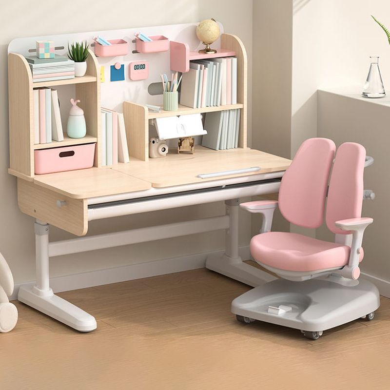 Adjustable Writing Desk Rubber Wood Table and Chair Set Kids Desk with Storage Shelves