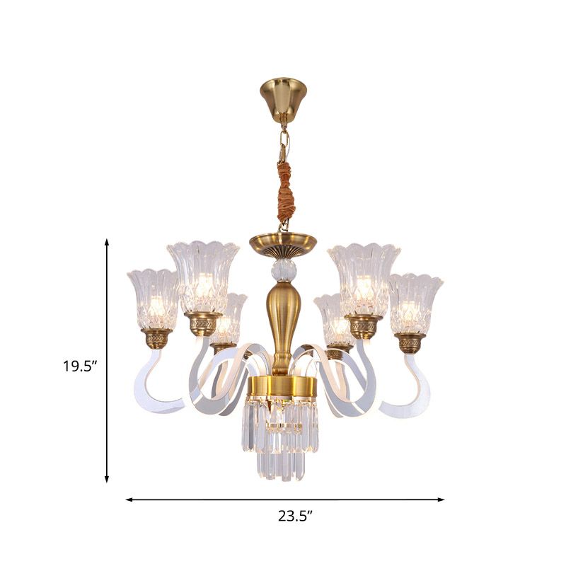 Clear Crystal Flower Ceiling Lamp Contemporary 6-Head Dining Room Chandelier with Acrylic Arm