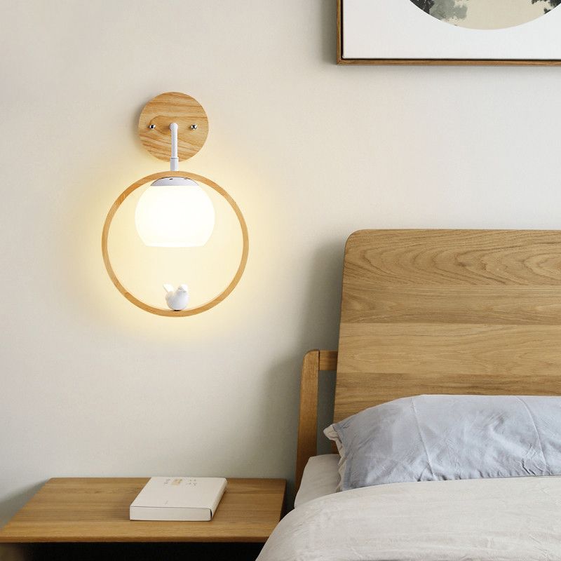 Contemporary Wood Lighting Globe Glass Shaded Wall Light for Bedroom