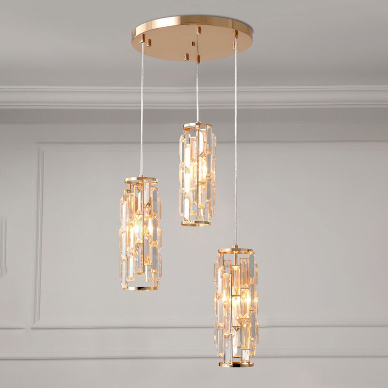Lámpara colgante moderna colgante de colgante múltiple de 3 cabezas con tono de cristal de columna en oro