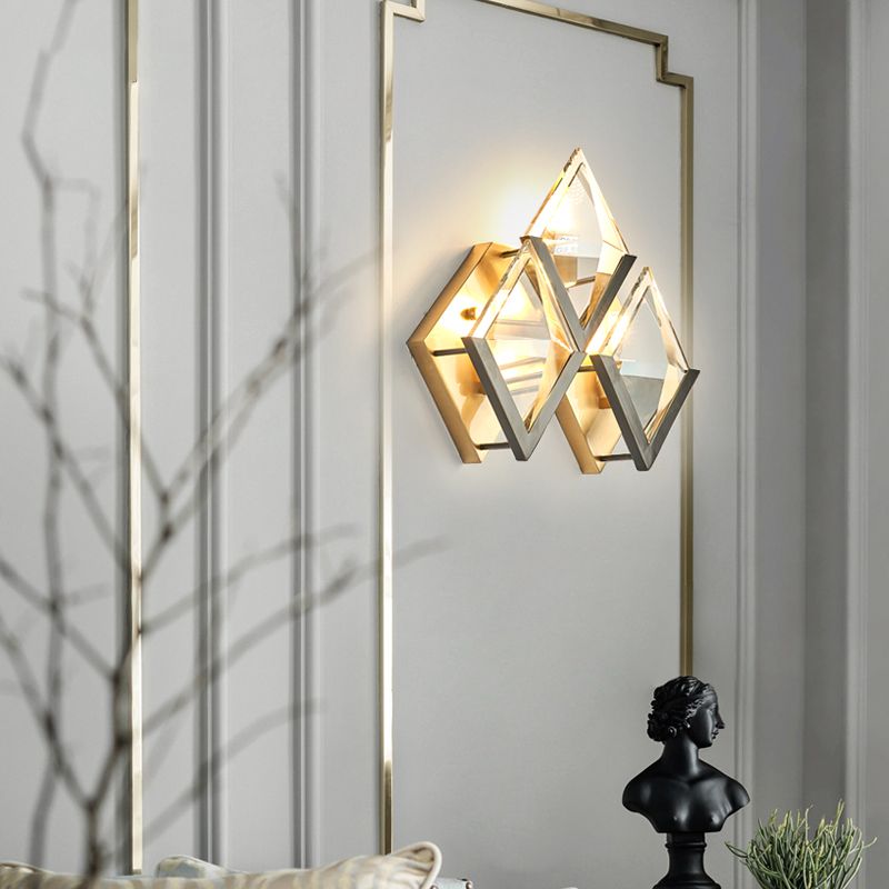 Rhombus Shaped Wall Lighting Modern Style Clear Crystal and Metal 3 Lights Golden Wall Sconce Light