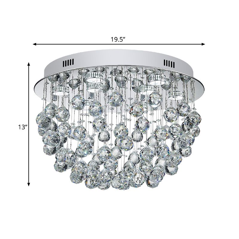 Crystal Orbs Fountain Flush Mount Light Modernist 9-Light Living Room Close to Ceiling Lamp in Chrome