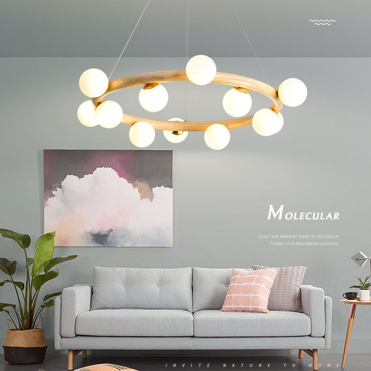 Modern Minimalist Round Chandelier Light Fixture Natural Wood Living Room Ceiling Chandelier