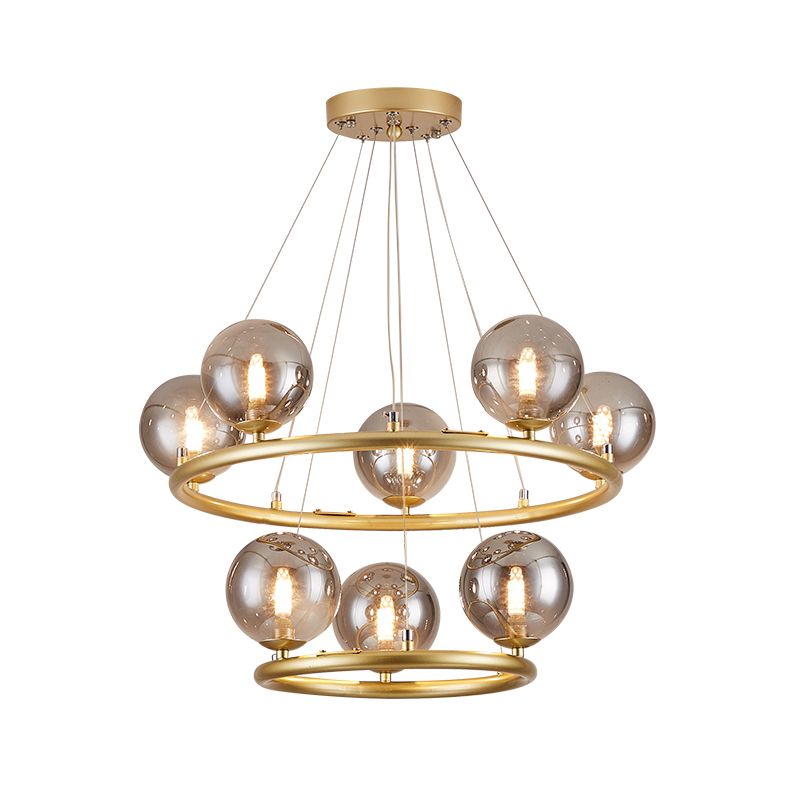 Circular Metal Pendant Chandelier Postmodern Suspension Light Fixture with Ball Glass Shade