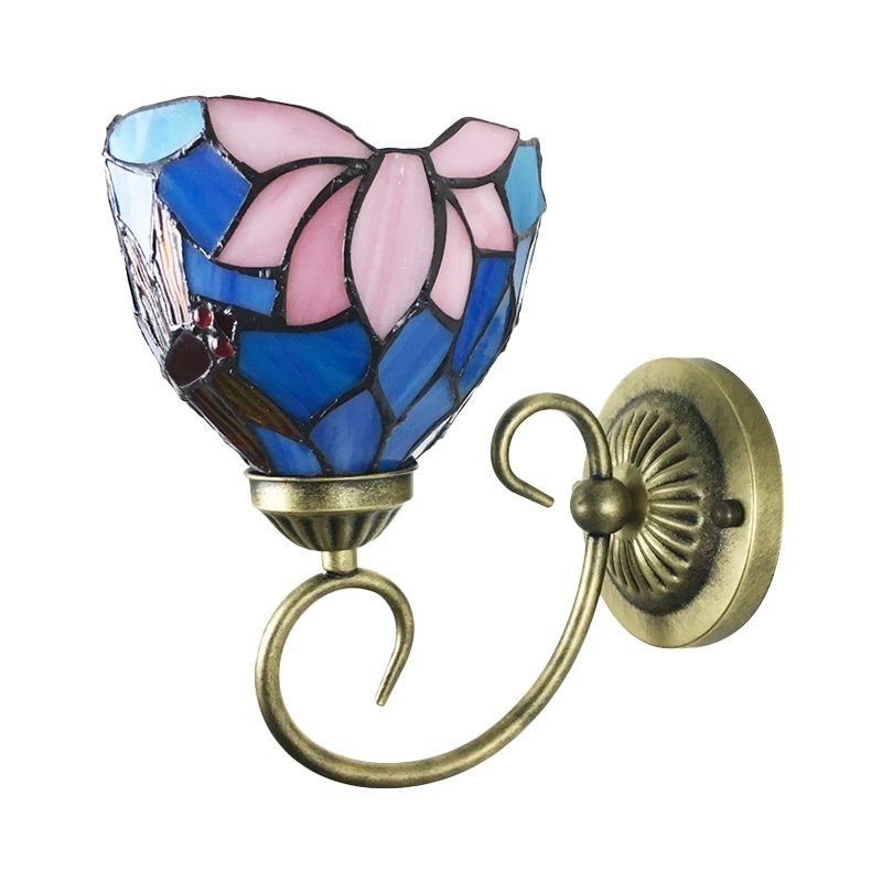 Metal Brass Wall Sconce Swirled Arm 1-Light Tiffany Wall Hanging Light with Geometry Cut Glass Shade