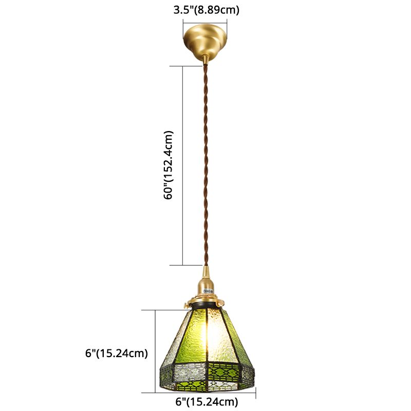 Stained Glass Shade Tiffany Hanging Light Brass Bedroom Mini Pendant Lamp with 63" Hanging Wire