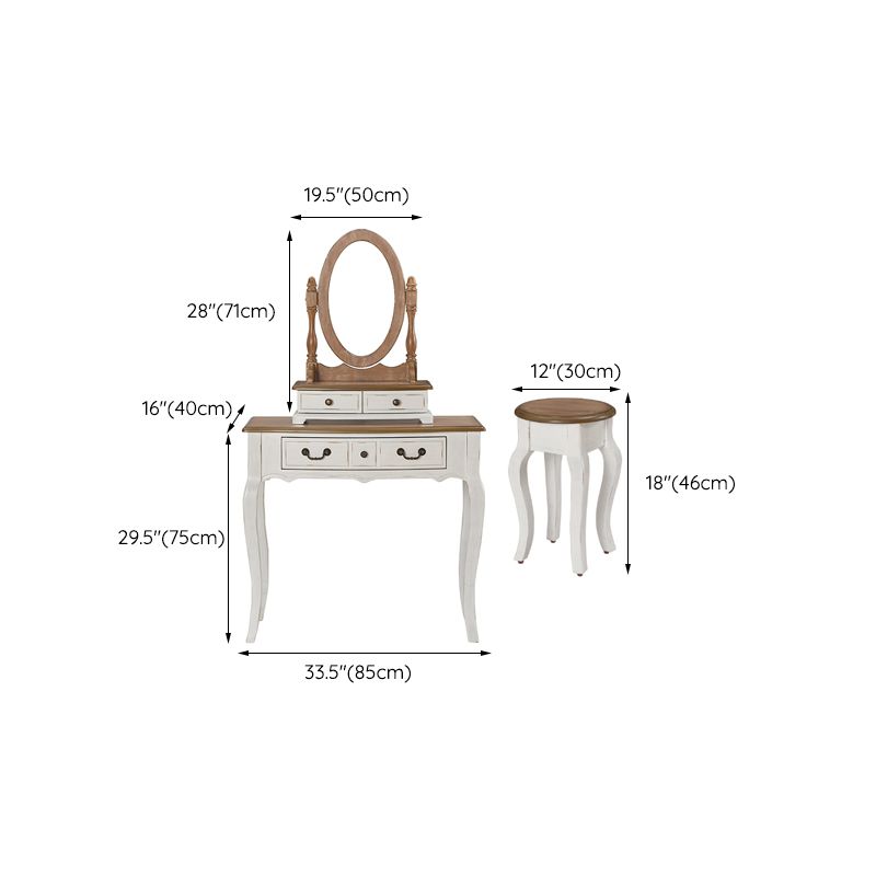 Victorian White Makeup Vanity Desk Table Solid Wood Dressing Table Stool Set