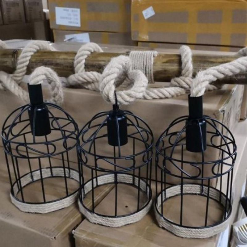 Rope Cage Shade Island Light Fixture Retro Style Restaurant Chandelier Light Fixture in Beige