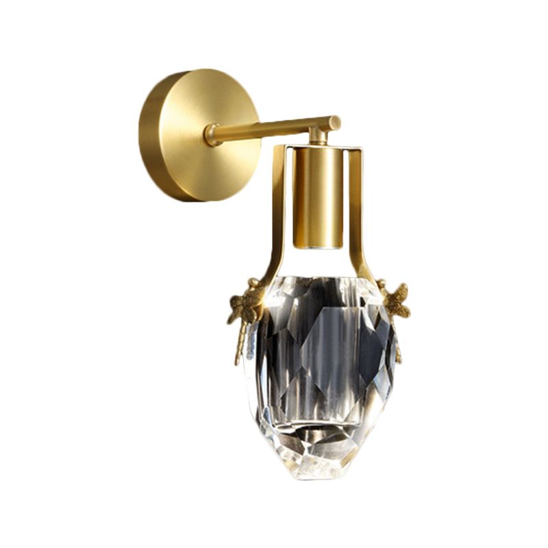 Lámpara de pared LED Moderna de lluvia moderna Luz de pared de cristal biselada transparente en oro con diseño de libélulas de metal
