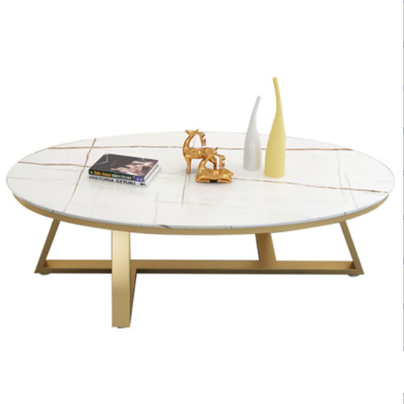 Cross Legs Coffee Table with Stone Oval Top and Iron Base Cocktail Table
