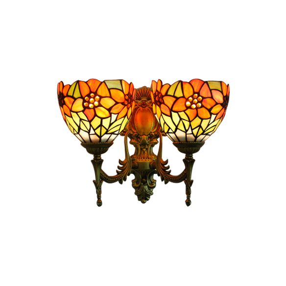 Rustic Bowl-Shaped Wall Lighting Stained Glass 2 Lights Wall Sconce Lighting with Sunflower Pattern in Orange