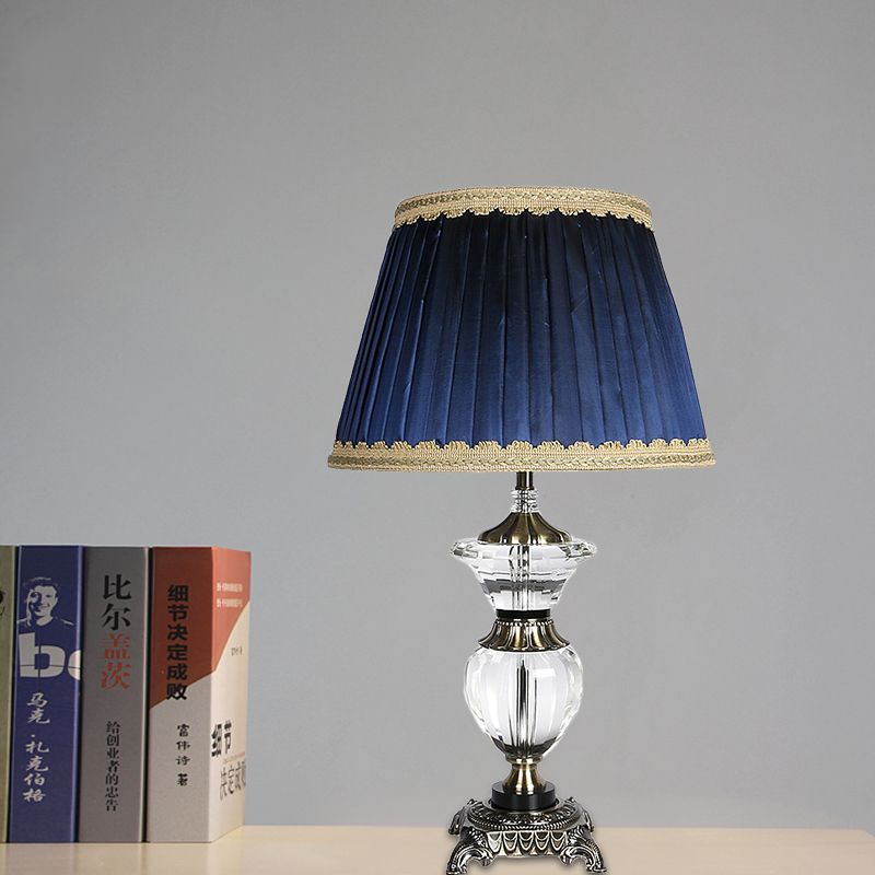 Tapered Drum Crystal Desk Light Contemporary Fabric 1 Head Night Table Lamp in Blue