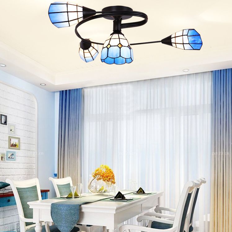 Tiffany Flower Semi Flush Light Stained Glass Ceiling Mounted Light for Living Room