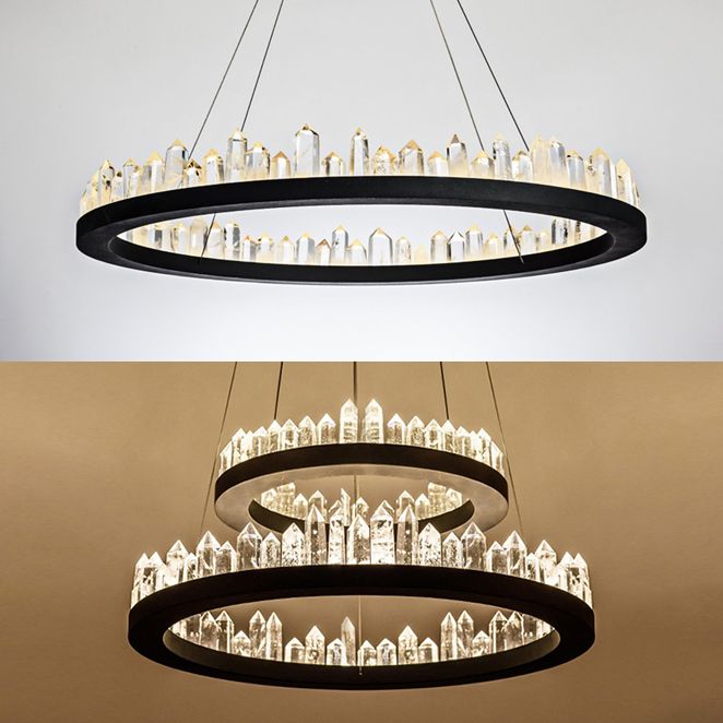 1/2-Light Circular Chandelier Lamp Contemporary Crystal LED Black Hanging Light Fixture in Warm/White Light for Living Room