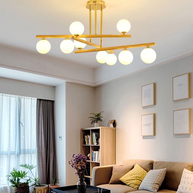 White Glass Bubble Chandelier Modern Gold and Wood Grain Hanging Light for Living Room
