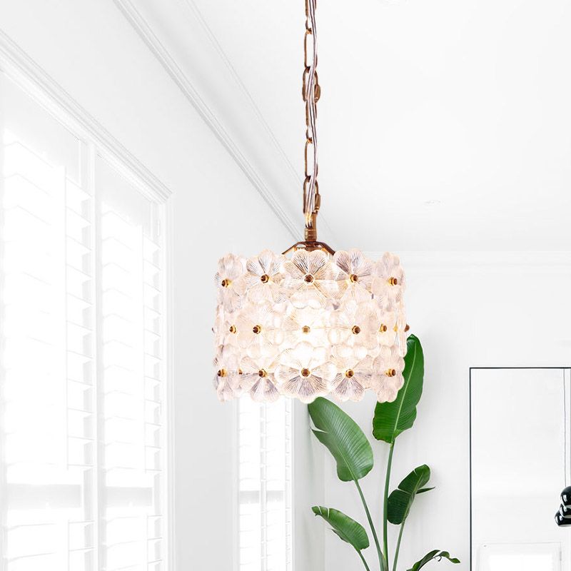 Drum White Floral Glass Hanging Light Kit Contemporary 1-Light Brass Ceiling Pendant Lamp