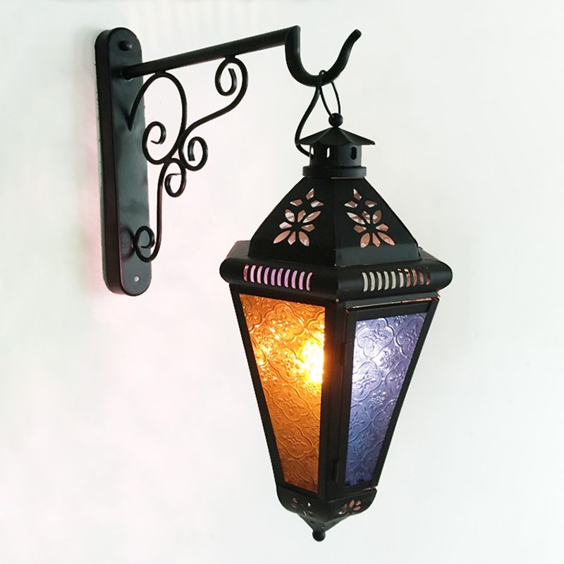 1 Bulb Iron Sconce Lamp Art Deco Blue/Black Cone Balcony Wall Mount Ceiling Light with Colorful Glass Shade