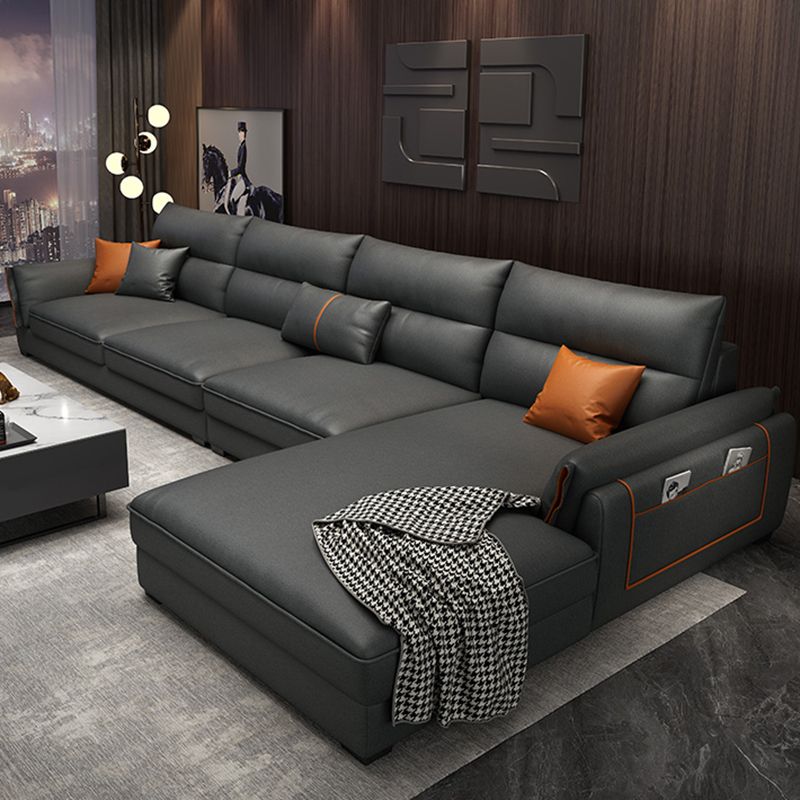 Recessed Arm Dark Gray Modern Chaise Faux Leather L-Shape Sofa
