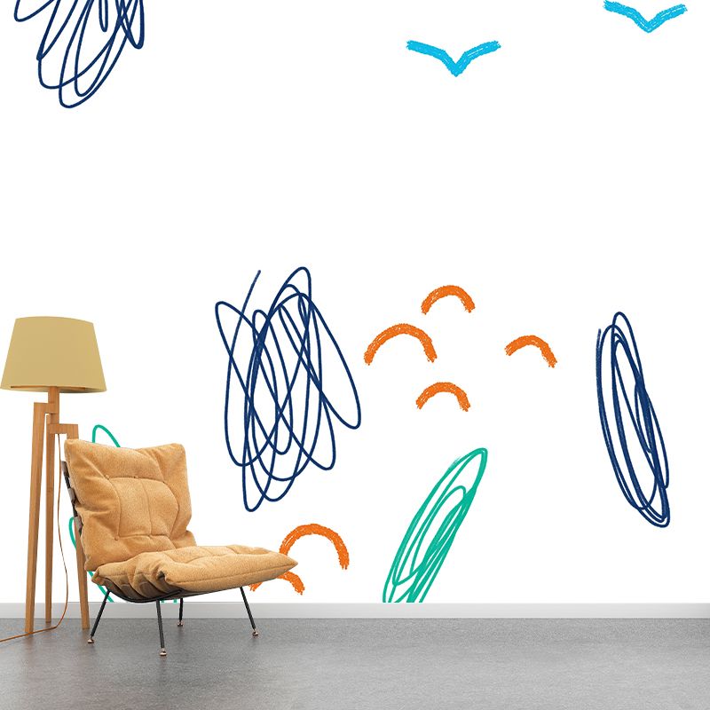Kids Doodle Seagulls Wall Mural for Kindergarten Customized Wall Decor in Blue-Orange