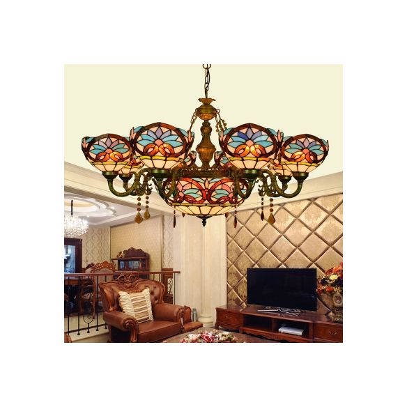 Luz de suspensión Tiffany 9 luces Luz de la lámpara de cristal con sombra de vidrio en azul para el dormitorio