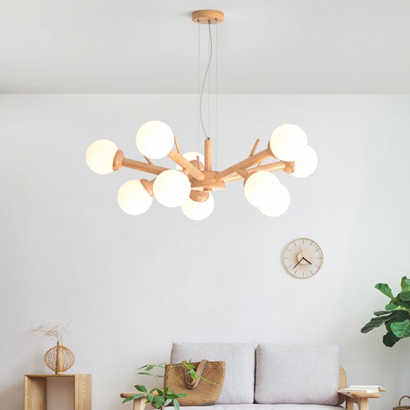 Wood Branch Ceiling Lighting Simplicity Chandelier Light Fixture with Globe Frosted Glass Shade