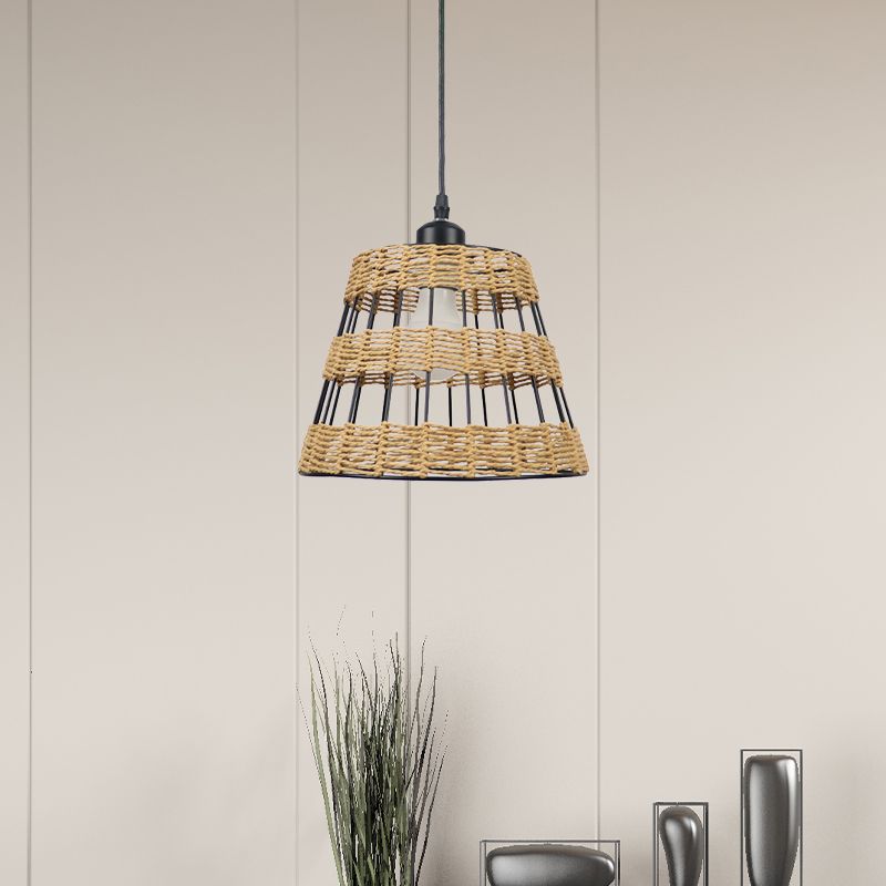 Asian Style Cone Hanging Light Fixture Metal and Rattan 1/3-Head Restaurant Pendant Lamp in Beige