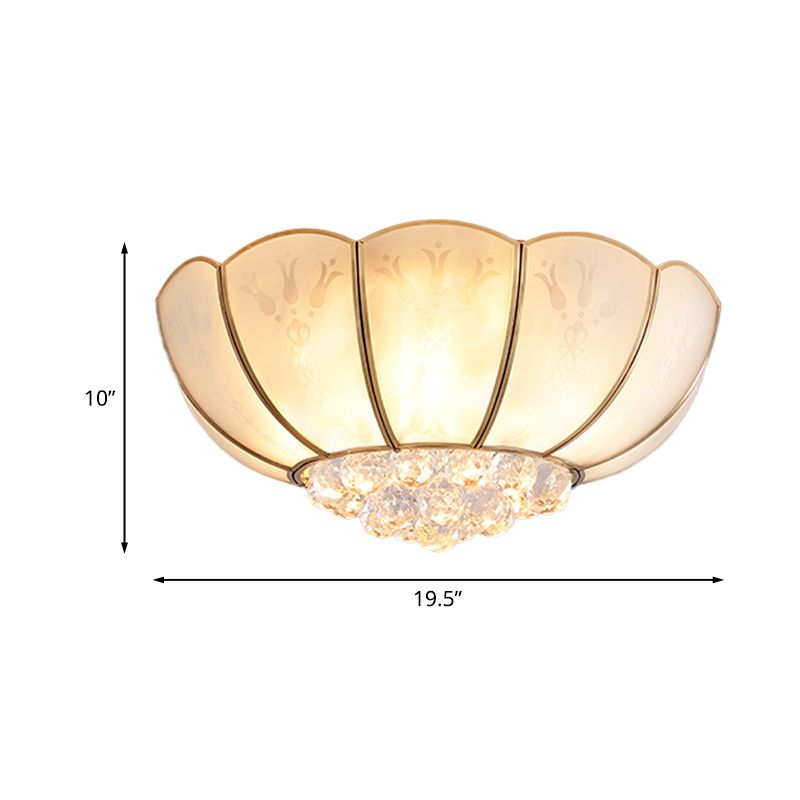 Ivory Glass Scallop Ceiling Fixture Colonialism 4/6 Bulbs Bedroom Flush Mount Lighting in Gold with Crystal Ball