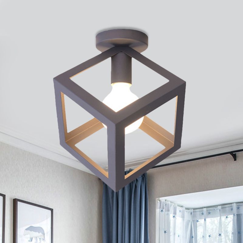 1 Light Squared Ceiling Mounted Light with Wire Guard Loft Style Black/Gray Metallic Semi-Flush Lighting for Bedroom
