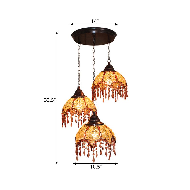 Scalloped Restaurant Cluster Pendant Light Decorative Metal 3 Lights Yellow Hanging Lamp with Crystal Accent