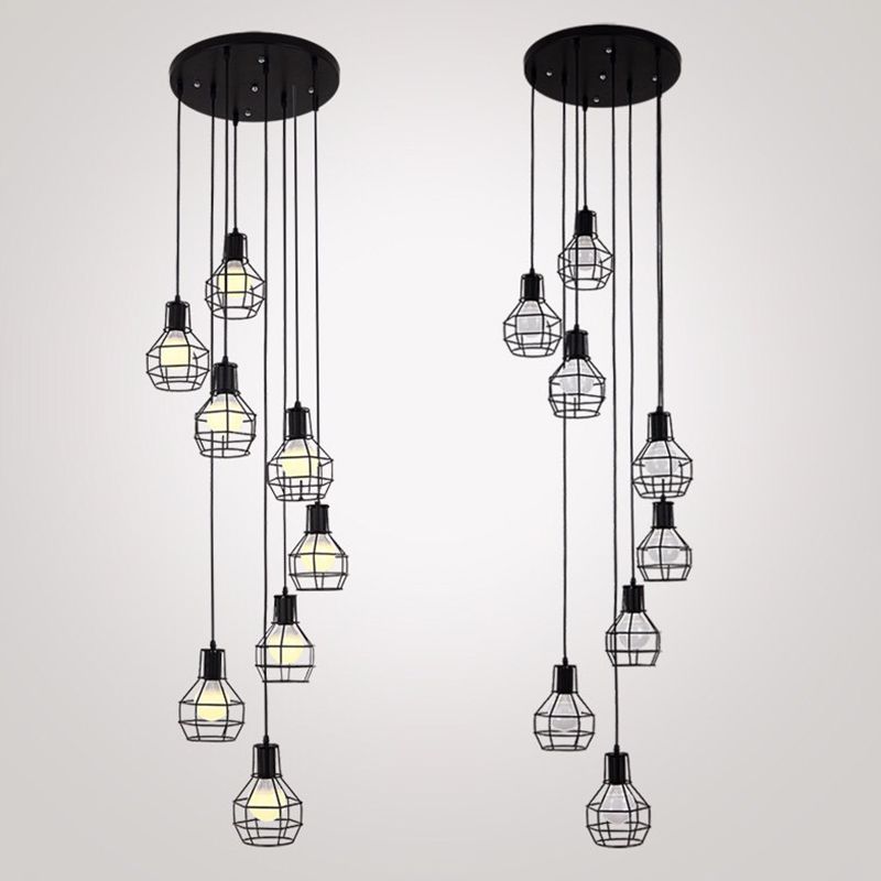 8-Light Pendant Lighting Industrial Cage Metal Suspension Light in Black for Staircase