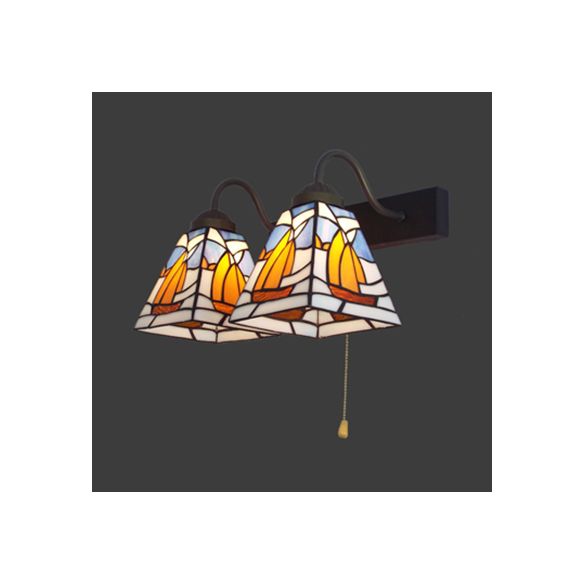2 Heads Sailboat Wall Light Fixture Tiffany Blue Stained Glass Sconce Light with Pull Chain