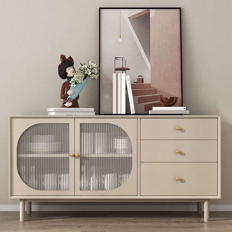 Solid Wood Glass/Rattan Door Cabinet Mid Century Beige Chest with Drawers