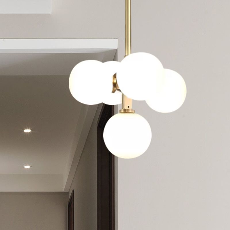 Brass Round Hanging Chandelier Modern 5 Heads White Frosted Galss LED Ceiling Pendant Light