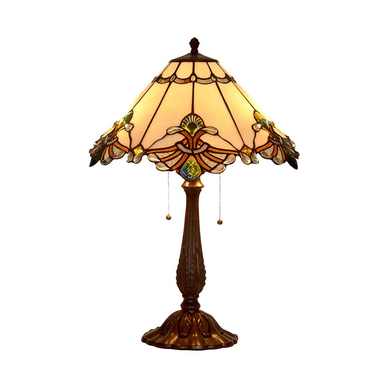 Lampada da notte Tiffany con motivo a oca in vetro bianco, illuminazione da tavolo in bronzo a 2 luci con catena da tirare