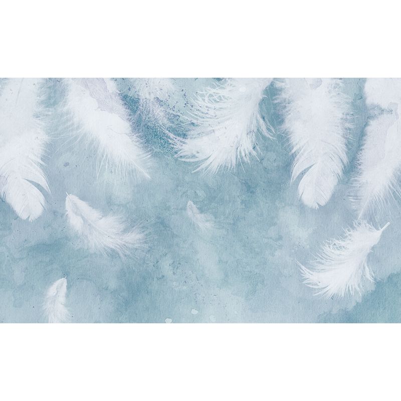 White Feather Wall Mural Decal Water Resistant Modernist Bedroom Wall Art on Blue