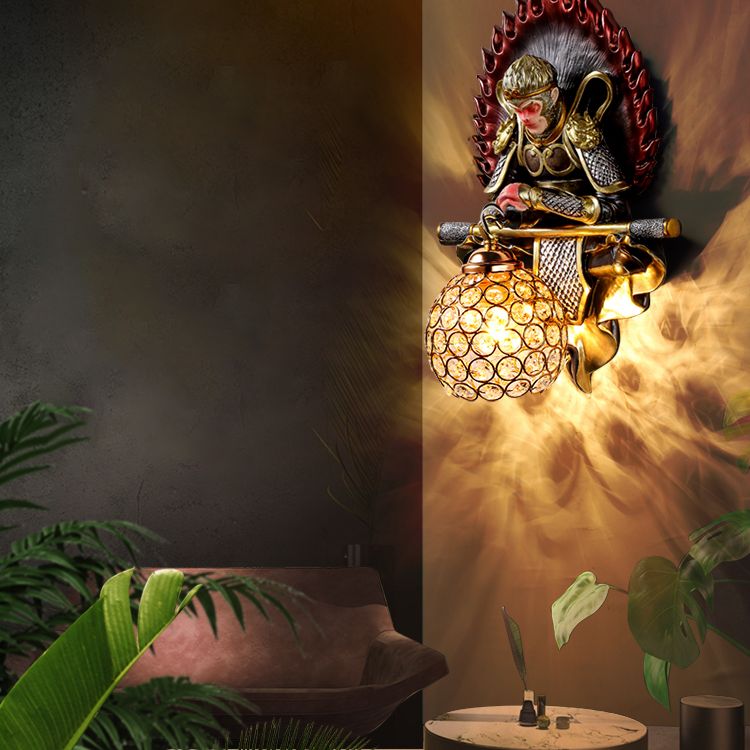 Resin Monkey King Wall Sconce Decorative 1-Light Wall Lamp with Crystal Shade