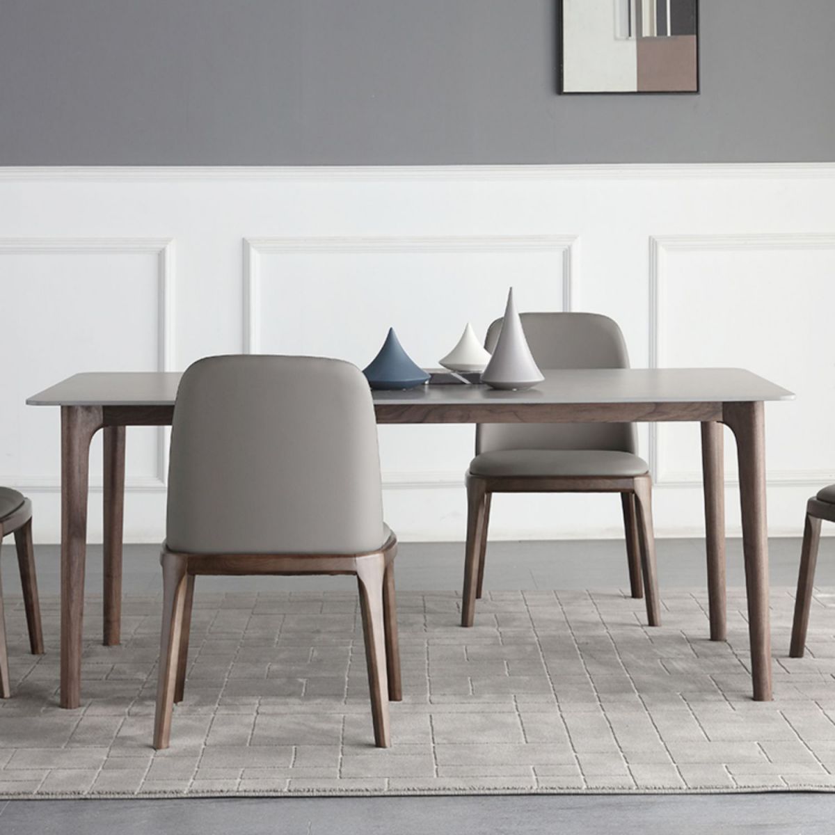 Sintered Stone Rectangle White Table Kitchen Table with Wooden Base and 4 Legs