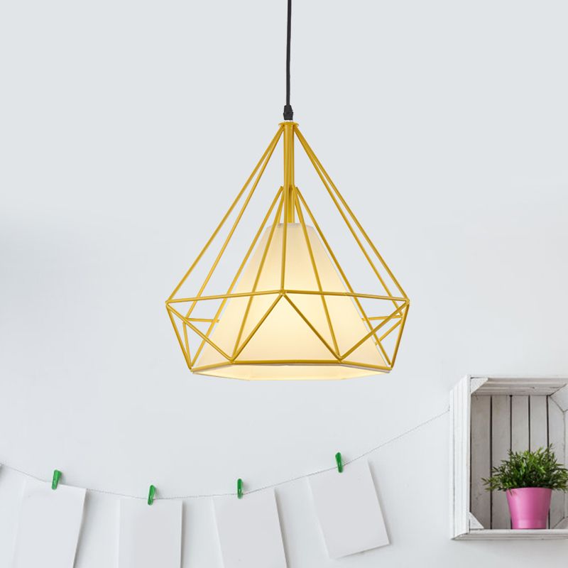 Retro diamant kooi hangende lamp 10 "/15" dia 1 licht metalen hanglamp met stoffen tint in groen/geel