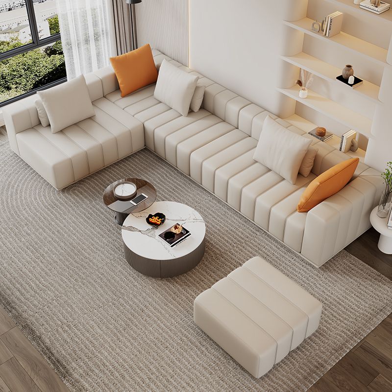 Genuine Leather Scandinavian Sofa Tuxedo Arm Sectional with Bolster Pillows