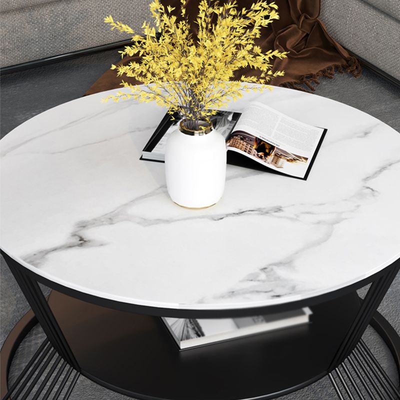 Modern Slate Frame Coffee Table Open Shelf Round Cocktail Table in Black/White
