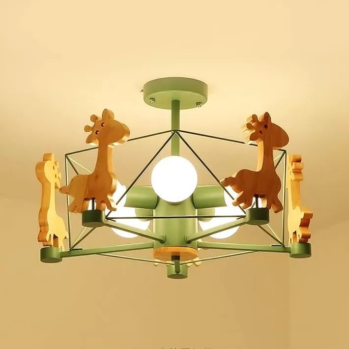 Wire Frame Semi Flush Mount Light with Giraffe 5 Heads Kids Metallic Ceiling Lamp for Child Bedroom